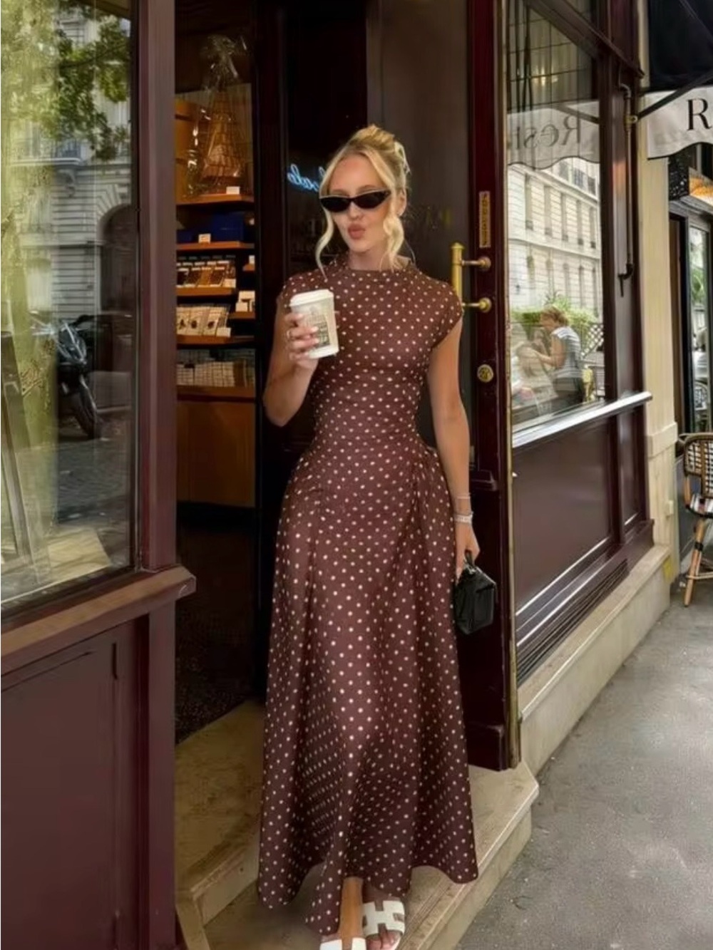 Adorable Women’s Brown Polka Dot High Waist Dress Size Large Party Wedding